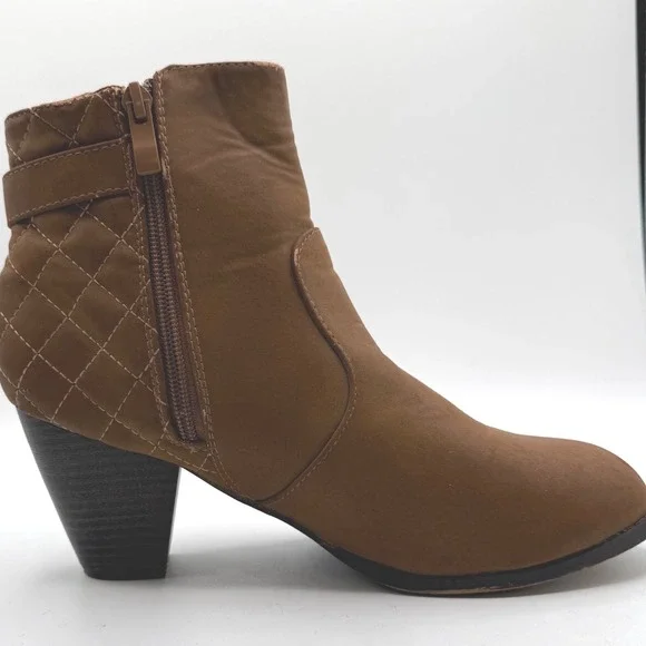Tan Quilted Buckle Ankle Boots Block Heel Side Zip Almond Toe Size 9 - Picture 8 of 10